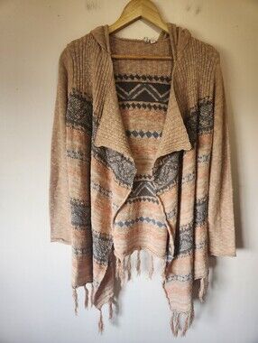 ​Rip Curl Boho Southwestern Hooded Fringe Open Front Cardigan Sweater Beige Sz M